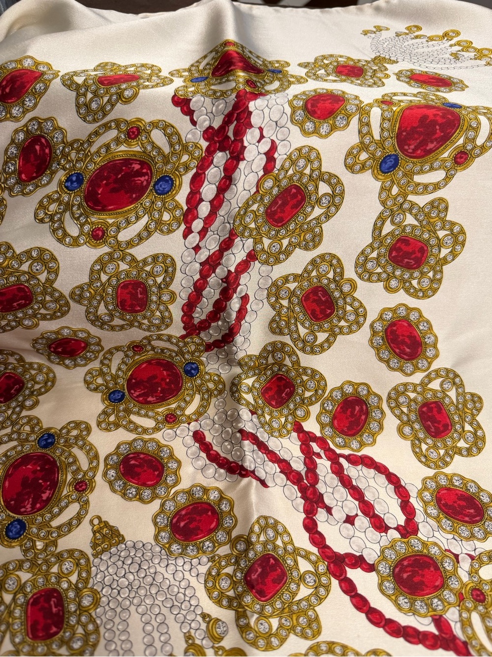 CHANEL Cream Silk Scarf with Red, Gold and Blue Jewel Motif - Picture 4 of 10